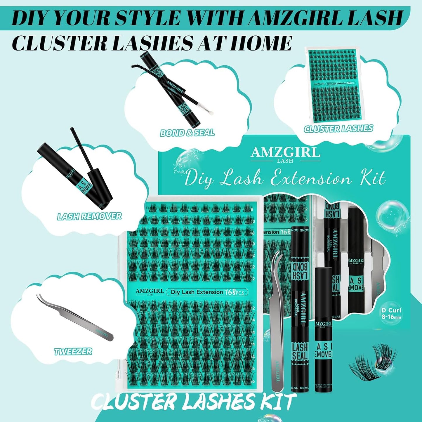Lash Extension Kit,168Pcs DIY Eyelash Clusters with Bond and Seal Glue Waterproof,Eyelashes Remover for Cluster Extensions for Beginner,Lashes Applicator Tool(Medusa,D-Mix8-16mm Kit)