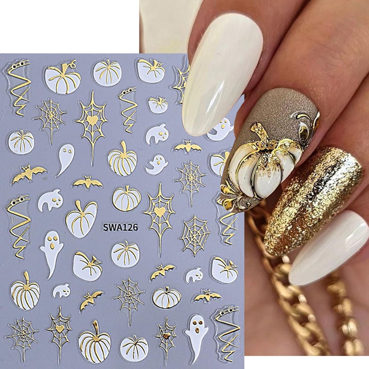 6 Sheets Fall Nail Stickers for Nail Art Halloween Pumpkin Maple Leaf Nail Stickers 3D Self-Adhesive Gold Black Maple Leaf Heart Nail Decals Autumn Maple Leaves Nails Design Leaf Sticker for Women