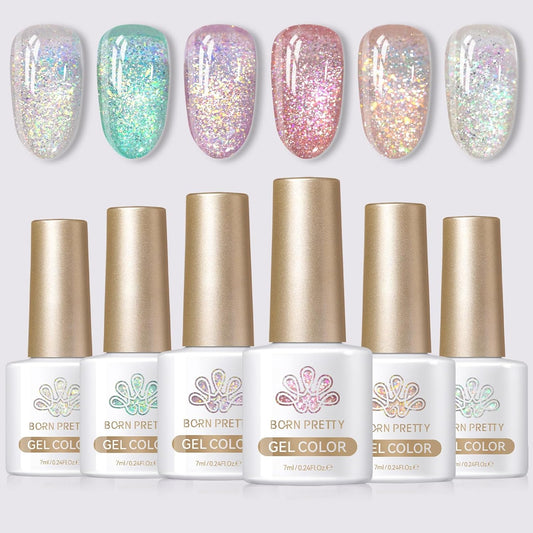 Born Pretty Reflective Glitter Gel Nail Polish, 6 Spring Light Colors Holographic Gel Polish Long Lasting Sparkly Shiny Nail Polish U V Set for Manicure and Nail Art, DIY at Home, Salon-Quality 7ml