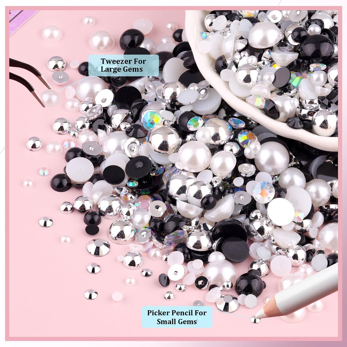 80g Flatback Pearls and Rhinestones for Crafting, Black White Mixed Size 3-10mm Resin Rhinestones and Half Pearls for Bedazzling, Nail Art and Decoration with Tweezer and Pickup Pencil