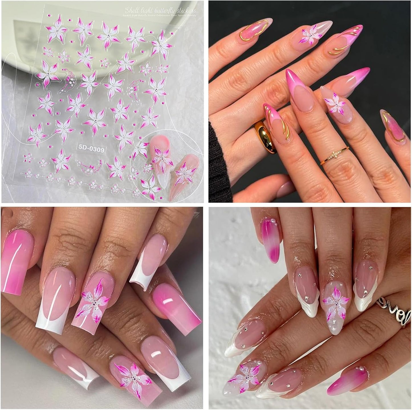 Flower Nail Stickers for Nail Art 5D Embossed Nails Decals Spring Summer Lily Decoration for Women Nails Design 3D Self Adhesive Pink Blue Green Flower Supplies