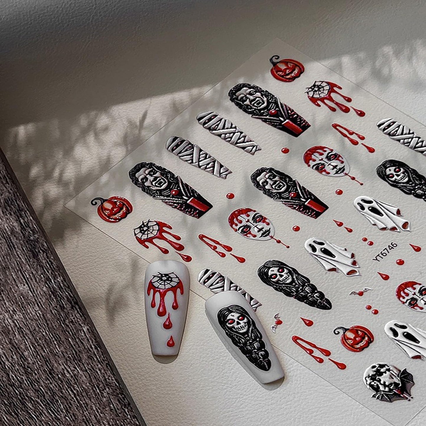 Halloween Ghost Nail Stickers 3D Embossed Stickers for Nails Spooky Nail Decals with Mummy Blood Drop Pumpkin Designs DIY Self Adhesive Nails Art Decoration