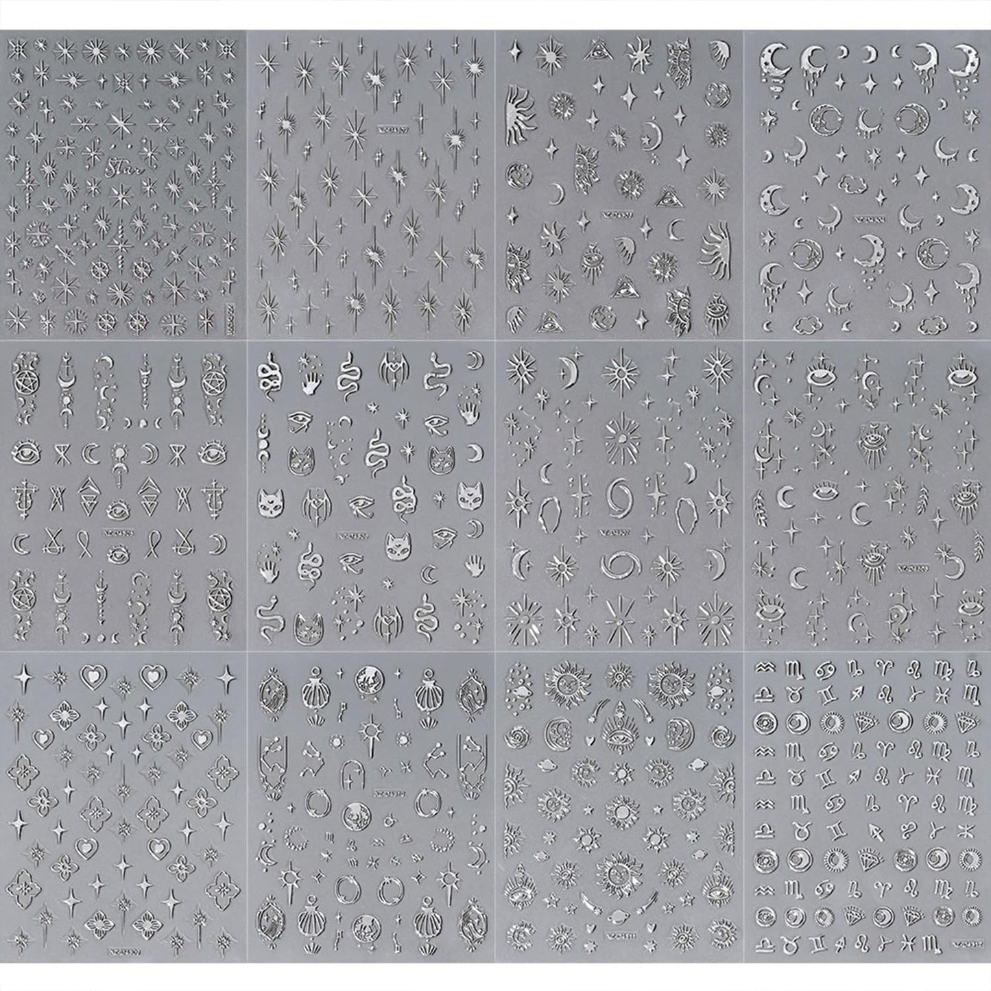 12 Sheets Silver Nail Art Stickers Decals Star Moon Nails Stickers for Nail Art Self-Adhesive Snake Nails Decal