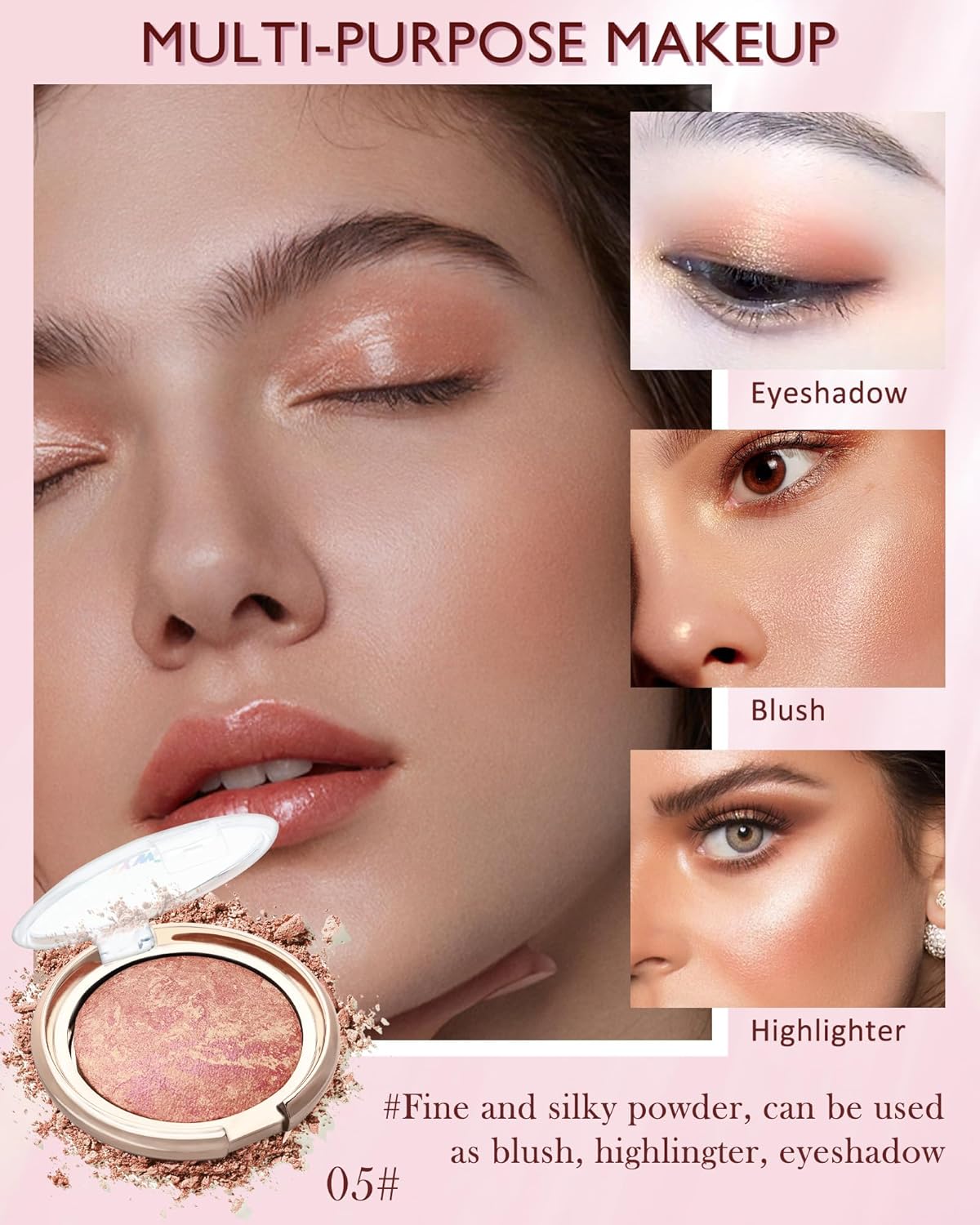 Baked Powder Blush, Glow Marbleized Blusher Powder Palette,Lightweight Shimmery face Blush for Cheek,Eyeshadow Highlight,Thanksgiving Makeup Gift for Women rubores de maquillaje(0.49Ounce)-05