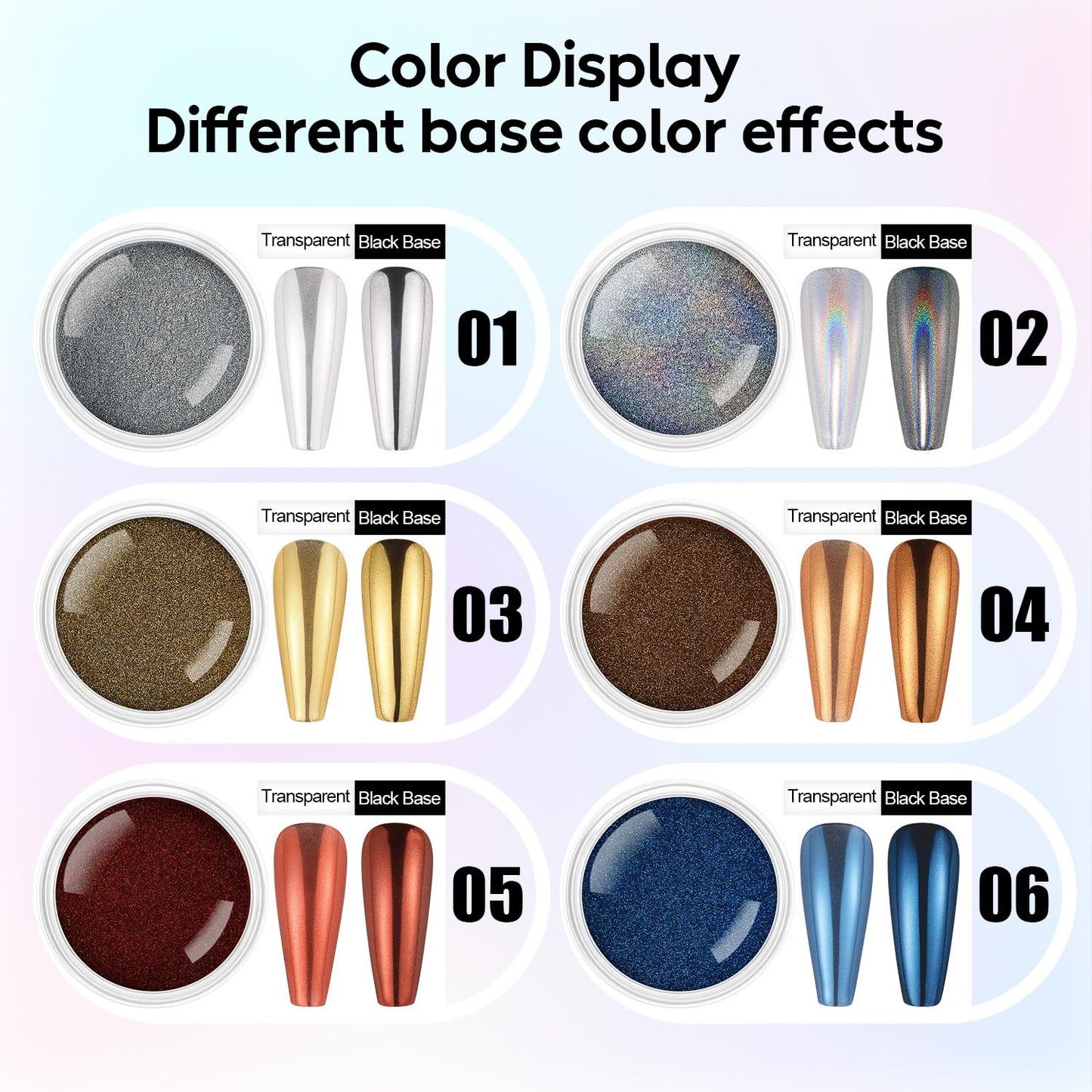 AIMEILI Chrome Nail Powder, Vegan, Cruelty Free, 6 Colors Mirror Effect Holographic Chameleon Manicure Nail Art Decoration Glitter for Nail Art Women Gift