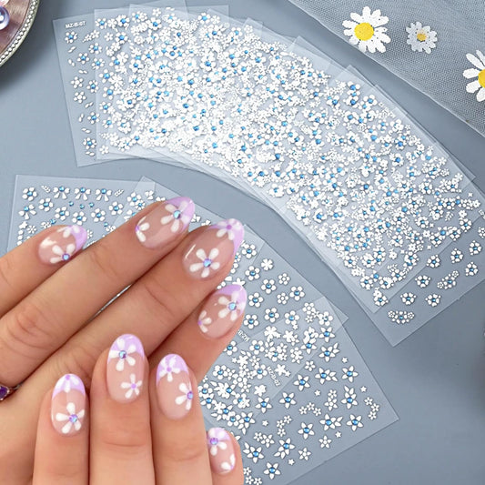 30Pcs White Flower Nail Art Stickers Decals- Daisy Floral Cherry Blossoms Nail Stickers Blue Rhinestone Nail Designs Sticker for Gel Nails 3D Self-Adhesive Spring Nail Decals for Nail Art Decoration