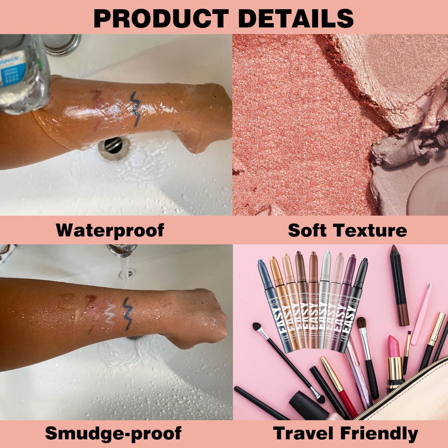 Rose Gold Eyeshadow Stick Shimmer Cream Single Eyeshadow Pencil Makeup, High Pigmented Crease-proof Eye Shadow Brightener Stick, Hypoallergenic Waterproof Long Lasting Eye Highlighter stick(B-10#)