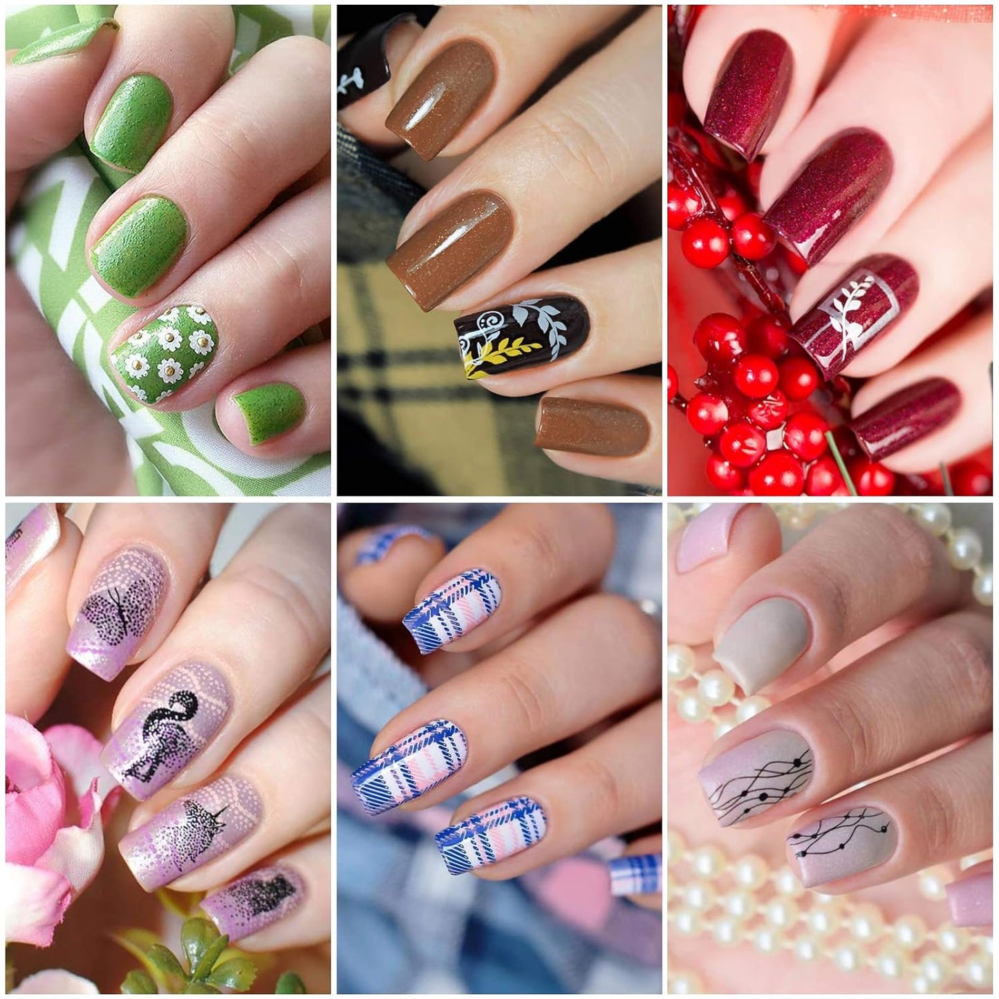 Born Pretty Nail Stamping Plates Set Plaid Flowers Leaves Lace Nail Art Image Plates Spring into Winter Stamp Templates Kit Image Manicuring DIY Printing Tools 8PCS