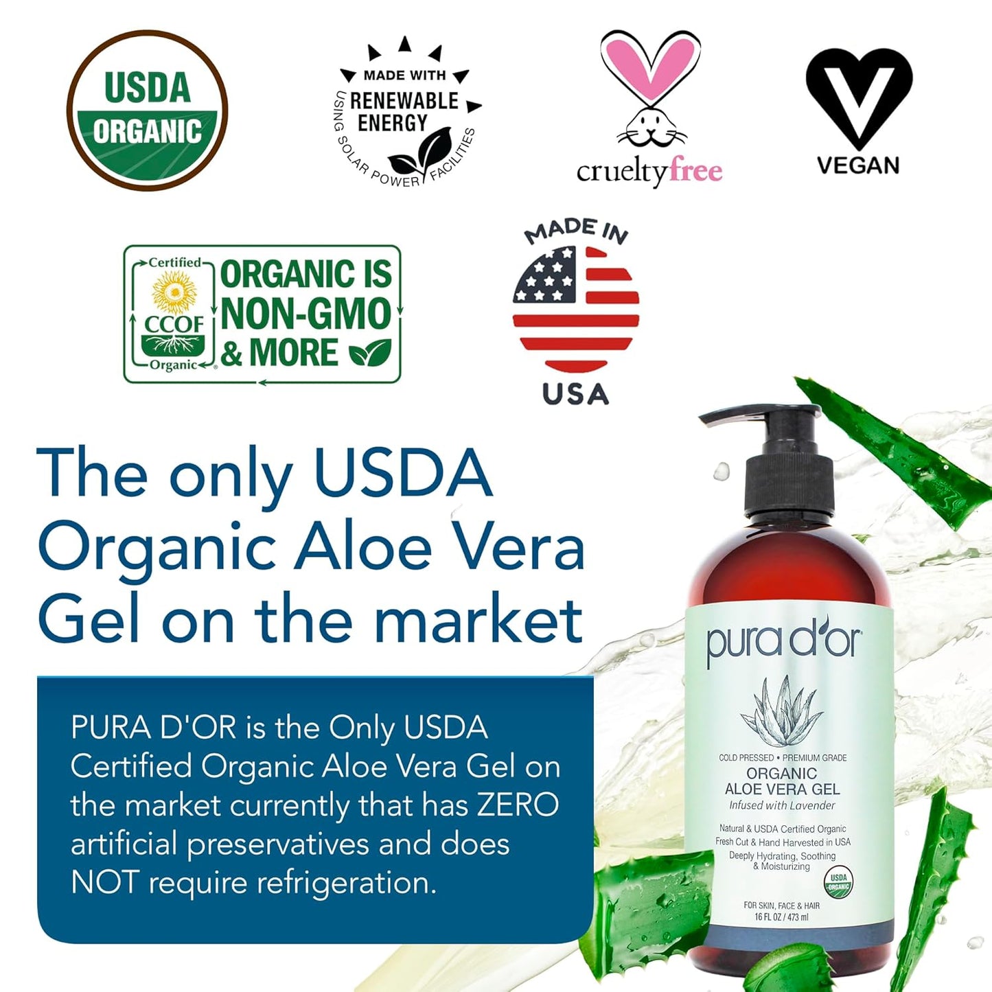 PURA D'OR 16 Oz ORGANIC Aloe Vera Gel - Lavender - All Natural - ZERO Artificial Preservatives - Deeply Hydrating & Moisturizing - Sunburn, Bug Bites, Rashes, Small Cuts, Eczema Relief - Skin & Hair