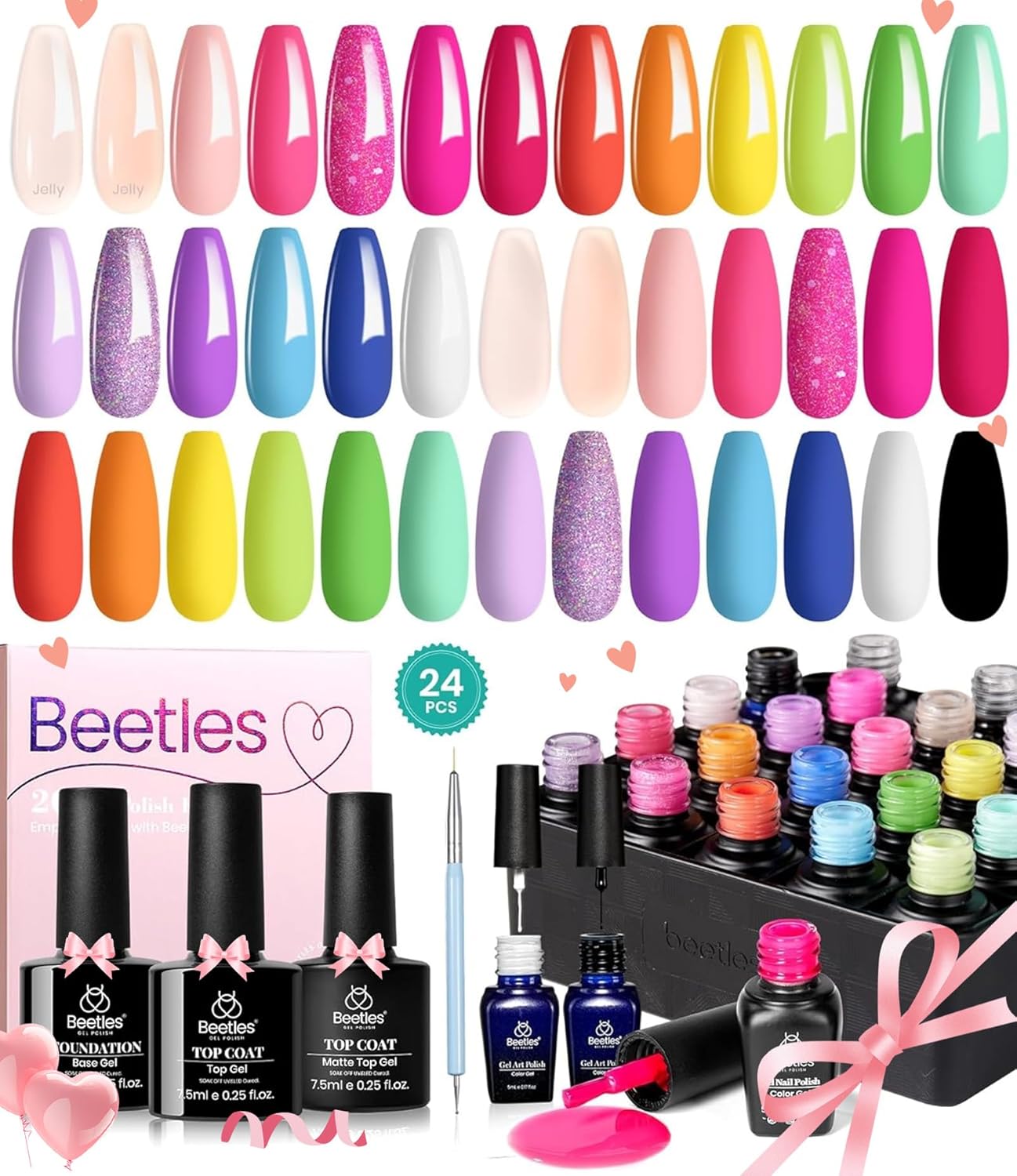 Beetles Summer Gel Nail Polish Set 24pcs Jelly Neon Hot Pink Orange Green Blue Purple Color with White Black Liner Gel Polish and Base Top Coat Nail Art Pen Gifts for Women Fancy Pop
