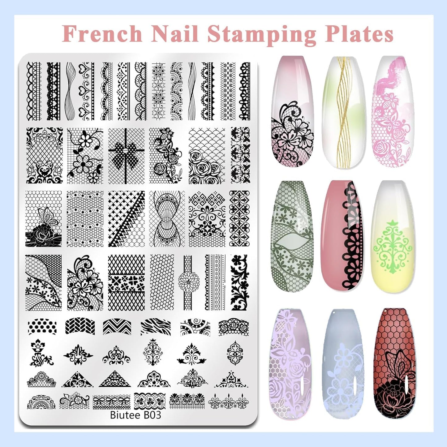 Biutee Nail Stamping Plates Set 2 PCS Large Plate 110 Patterns Nail Art Stamper Scraper Nail Stamp Template Kit French Line Lace Flower Design Masnicure Plates