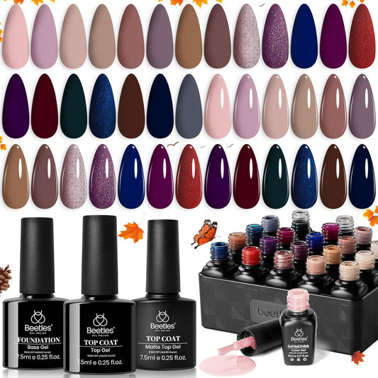 Beetles Gel Nail Polish Set Manhattan Collection 20 Colors Burgundy Red Brown Gold Champagne Glitter Fall Gel Polish Soak Off UV Glossy & Matte Top Base Coat Manhattan Collection Gifts for Women