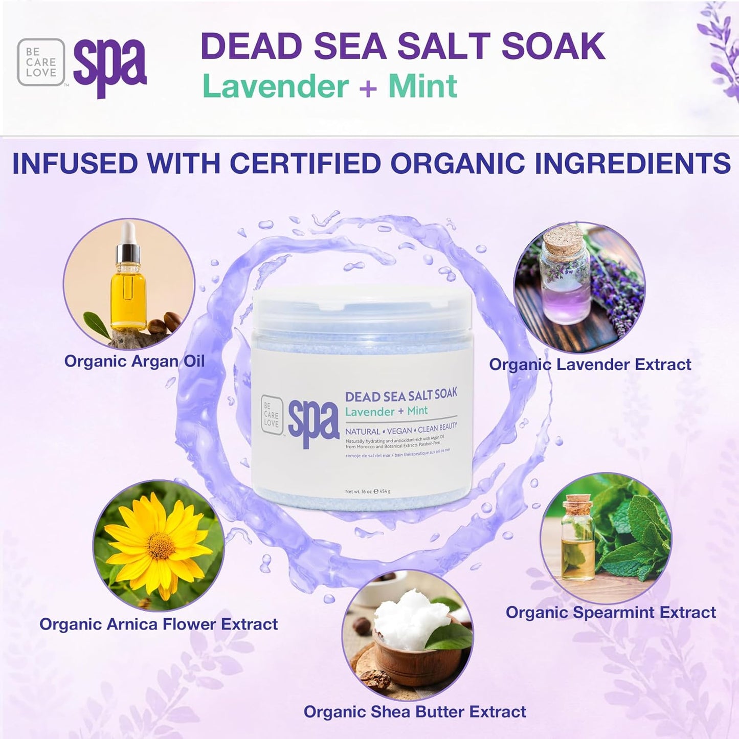 BCL SPA Dead Sea Salt Soak - Bath Salt with Organic Lavender + Mint, Shae Butter, Arnica, Aloe Vera Juice, Chamomile, Argan Oil & Jojoba Oil Skin Exfoliator- Home/Professional Use 16 fl oz