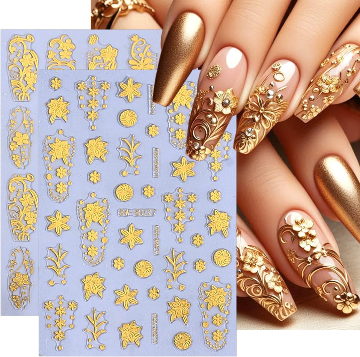 2 Sheets Gold Nail Art Stickers 3D Metallic Flower Nail Stickers Gold Blossom Floral Fallen Leaves Design Nail Art Supplies Fall Nail Decals for Women Girl Acrylic DIY Manicure Decoration Accessories