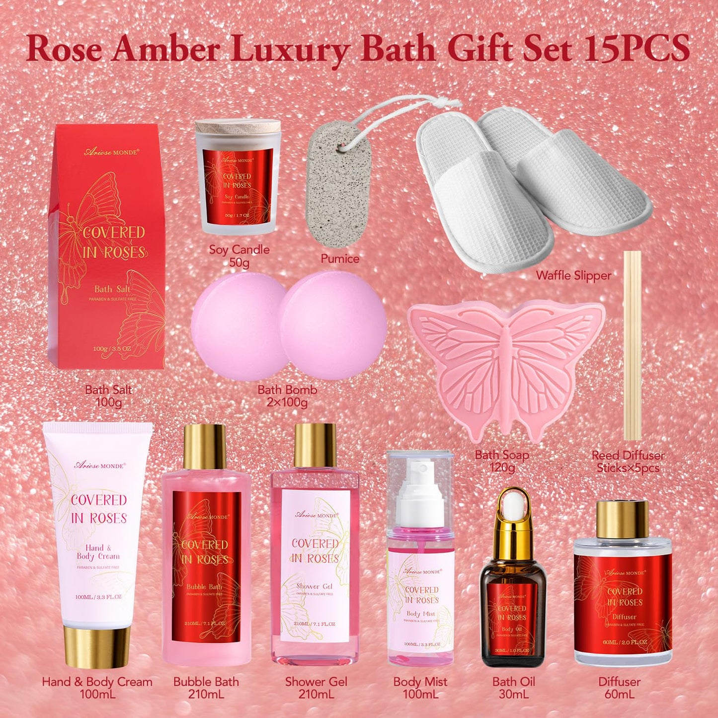 Gifts for Women,15Pcs Rose Amber Bath Relaxing Spa Gift Basket for Her, Mom, Sister, Female Friends, Daughter,Unique Bath Gift Set Idea for Women Who Have Everything, Mothers Day Gifts for Mom