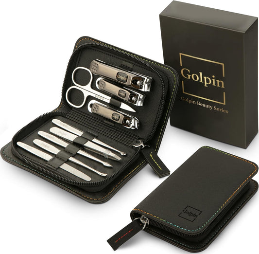 9 Pcs Manicure Kit for Men & Women – Stainless Steel Tools with Travel Nail Kit Case, Nail Clippers, Cuticle Pusher, File, Gift Ready Women & Mens Manicure Set (Black)