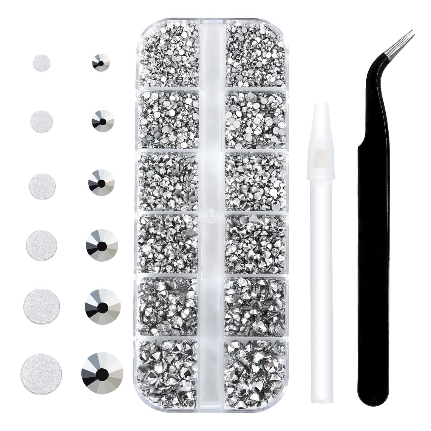 4240Pcs Silver Flatback Rhinestones 6 Sizes Crystal Diamonds for Nail Art Crafts Clothes Shoes with Tweezers and Picking Pen