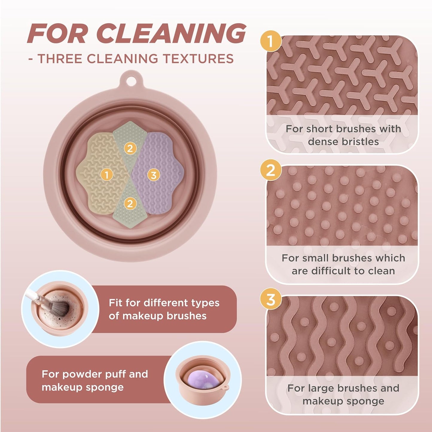 Makeup Brush Cleaner - Foldable Silicone Makeup Brush Cleaner Mat with Brush Storage Holder Makeup Brush Cleaning Bowl Cosmetic Brush Washing Tool for Cleaning Organizer and Drying (Nude Pink)