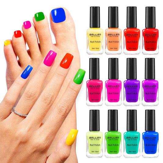 GELLEN Bright Neon Nail Polish Set, Quick Air Dry Regular Nail Polish Vibrant Rainbow 12 Colors Set for Fingernail Toe Nails Salon Home, Hema Free, Non-toxic, Red Pink Blue Green Purple Orange Yellow