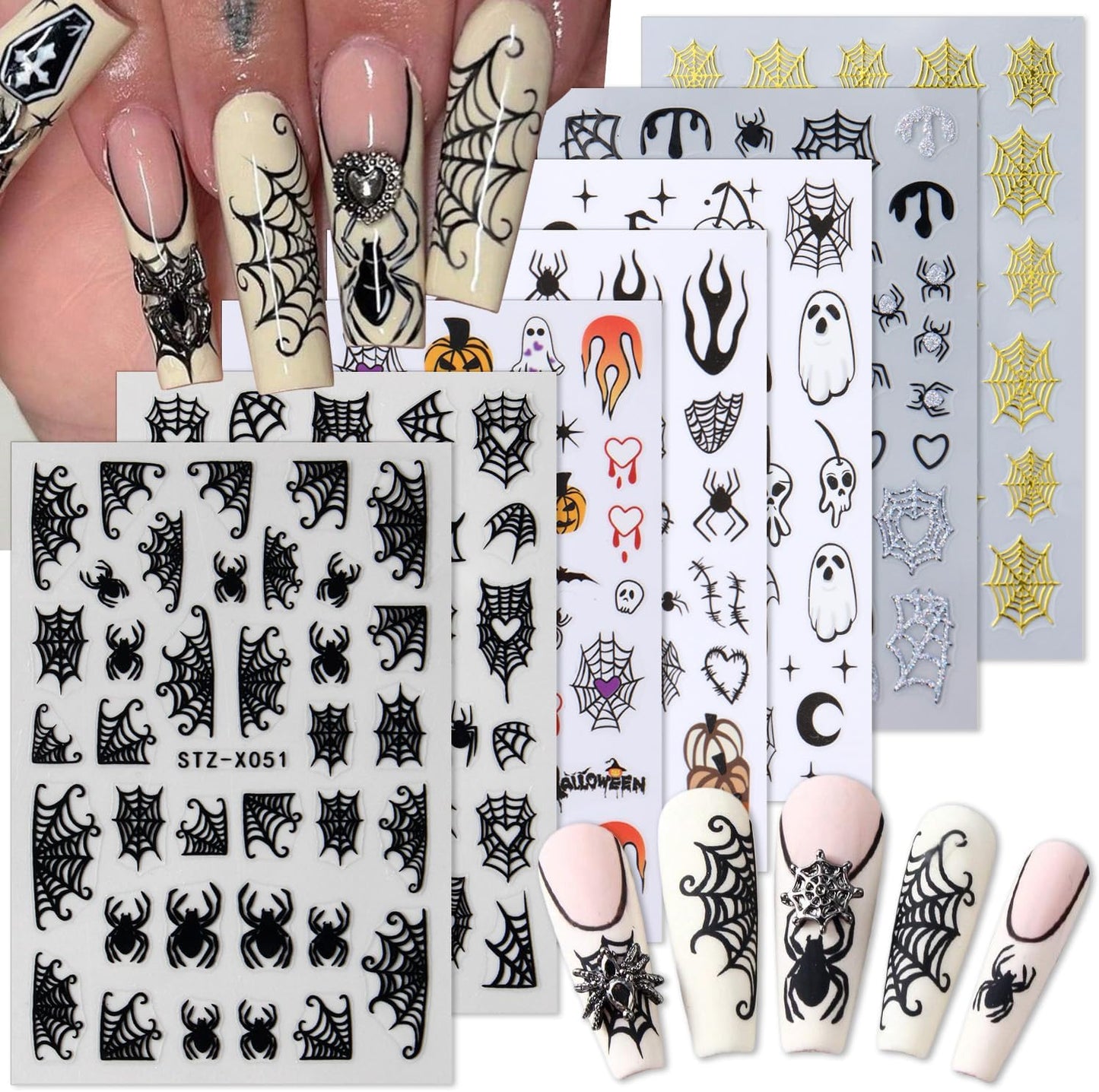 Halloween Nail Art Stickers - 9 Sheets 3D Self-Adhesive Design Decals With Ghost, Pumpkin, Spider, Bat, Black Gold Silver Web - DIY Nail Decoration for Women