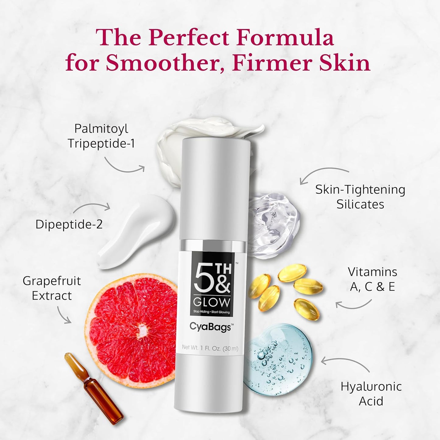 5th & Glow Cyabags - Instant Under Eye Bag Remover Serum For Dark Circles & Puffy Eyes Reduction - Hyaluronic Acid & Vitamin C Cream for Fine Lines, Wrinkles & Crowsfeet, 1 oz