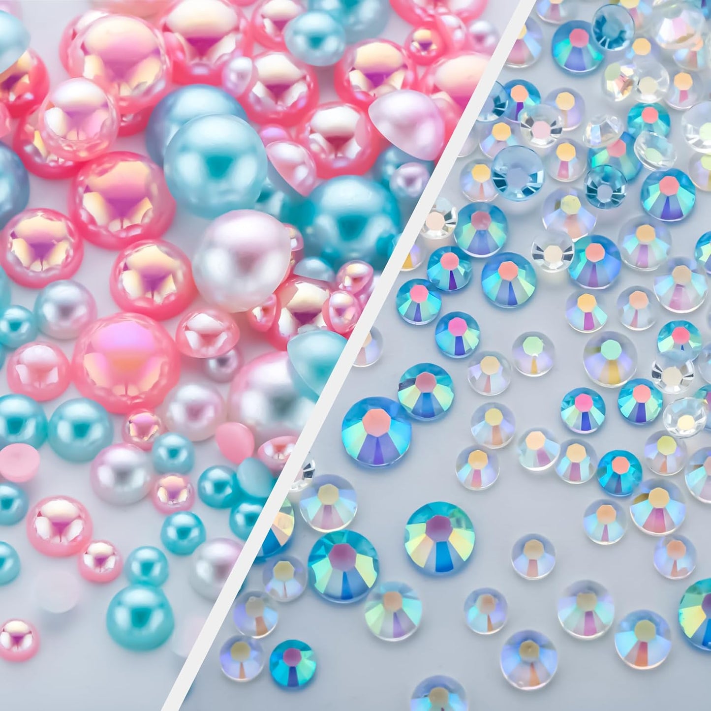 60g Cyan Pink Flat Back Pearls Rhinestones for Crafts Mixed Size 3mm-10mm AB Color Round Half Pearls Flatback Pearl Beads and Resin Rhinestones Set for Face Art with Gel