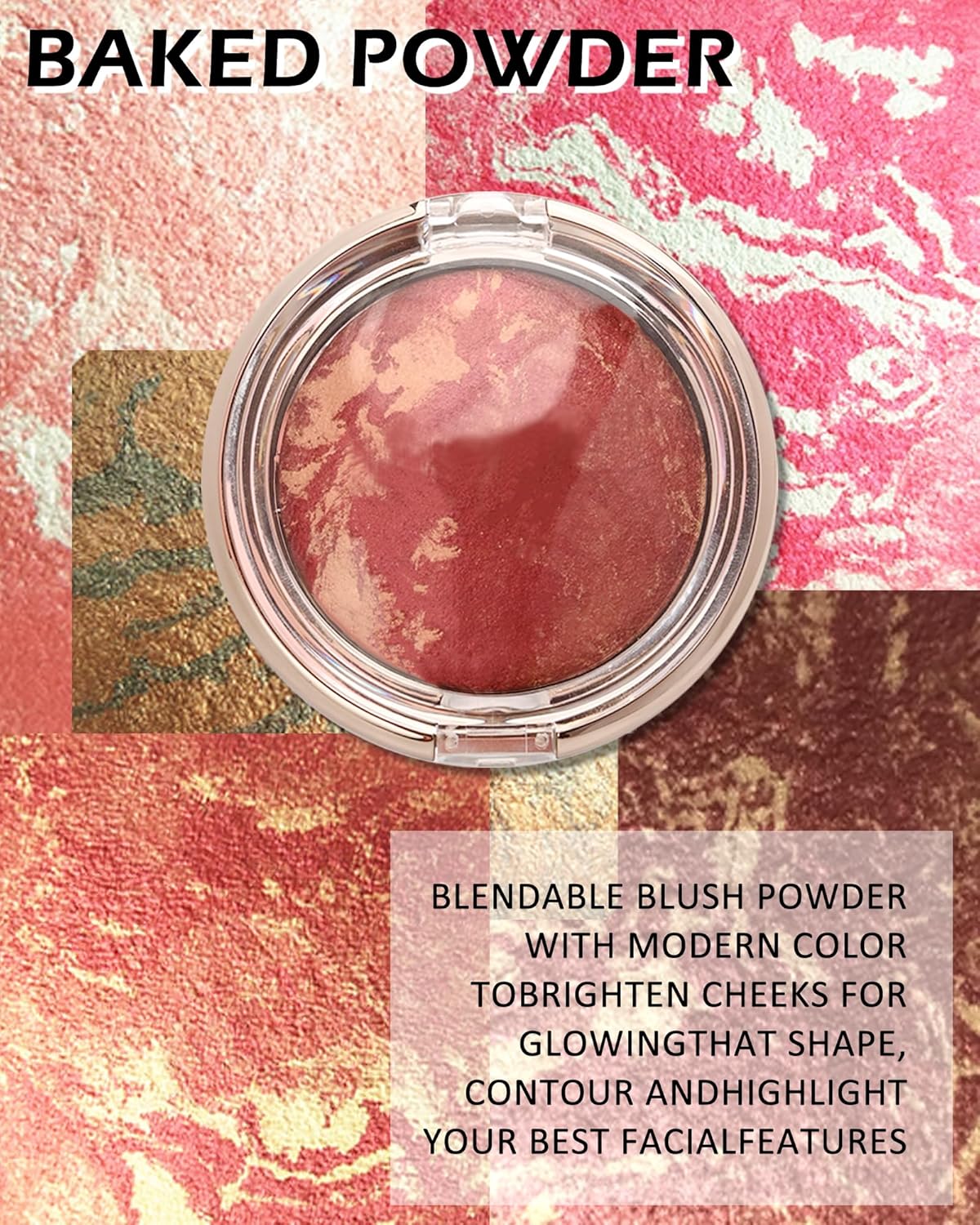 Baked Blush, Lighting Glow Marbleized Blush Powder Palette, Cruelty-Free Powder Blusher, Eyeshadow & Highlight for a Lightweight Shimmery Satin Face Makeup, Gift for Women (0.49Ounce)-01#Peachy