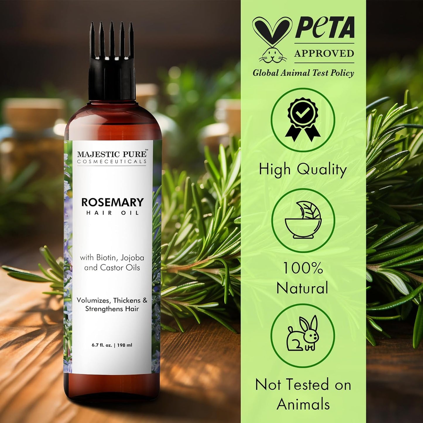 Majestic Pure 100% Pure Rosemary Oil For Hair Growth - Strengthening, Nourishing, Volumizing - Infused with Biotin Oil, Jojoba Oil & Castor Oil - Non GMO Verified - 6.7 Fl Oz