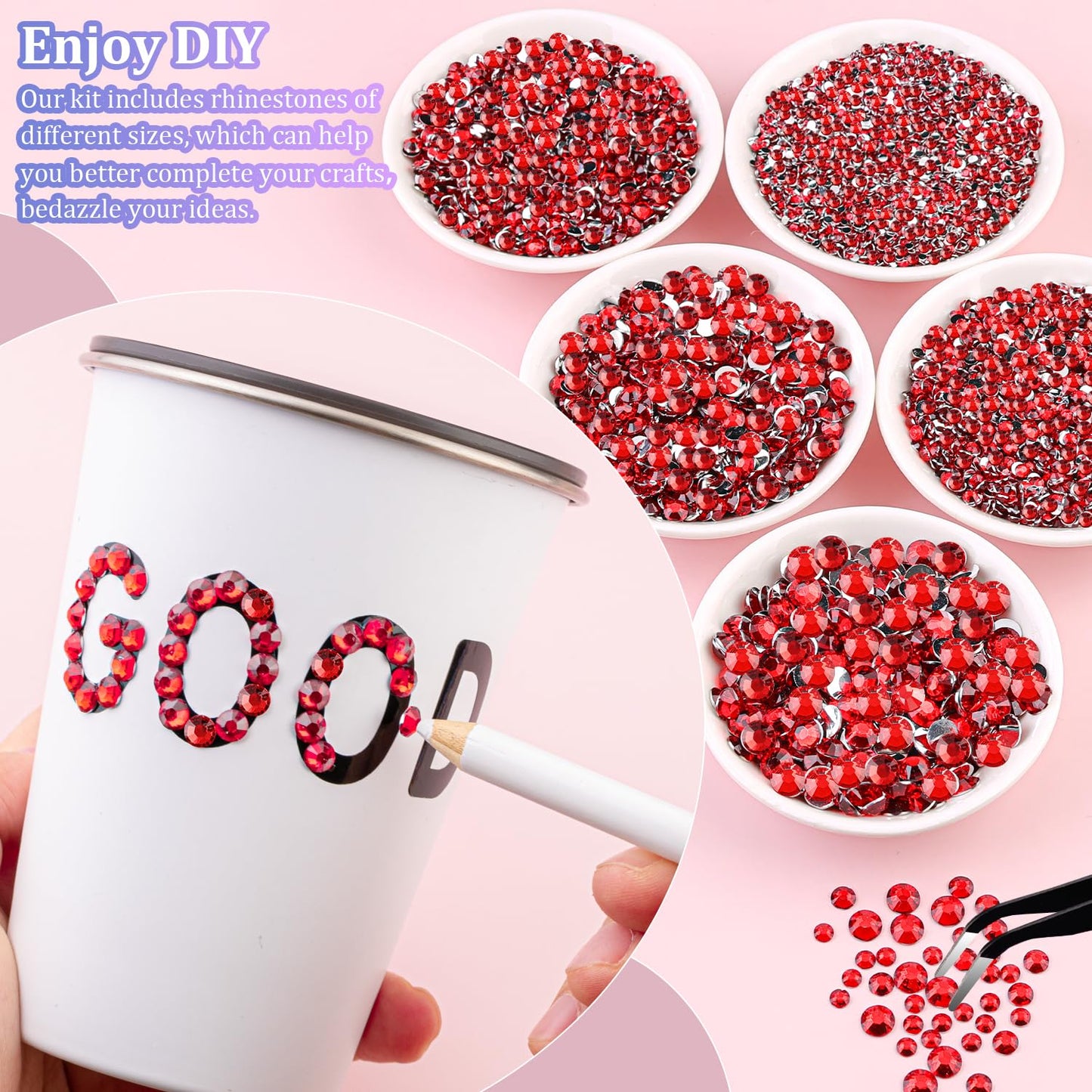 30000Pcs Resin Rhinestones for Bedazzling with Tweezers, Red Rhinestones for Crafting with B7000 Jewelry Glue for DIY Crafts Clothing Tumblers Shoes Fabric Nail Art