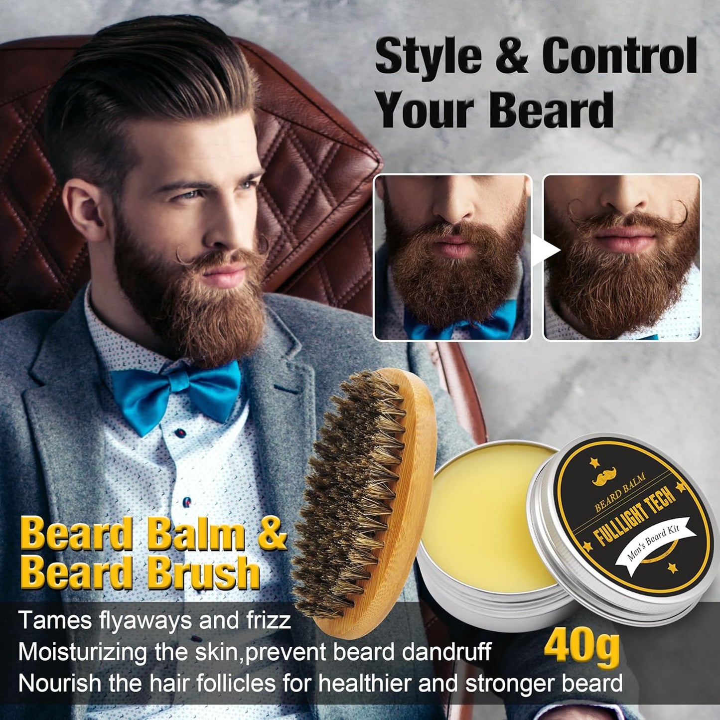 Beard Kit for Men Grooming & Care W/3 Pack Beard Oil, Wash, Balm, Comb, Brush, Scissors,Anniversary Valentines Birthday Fathers Gifts Idea for Husband Him Boyfriend Dad Men Christmas Stocking Stuffers