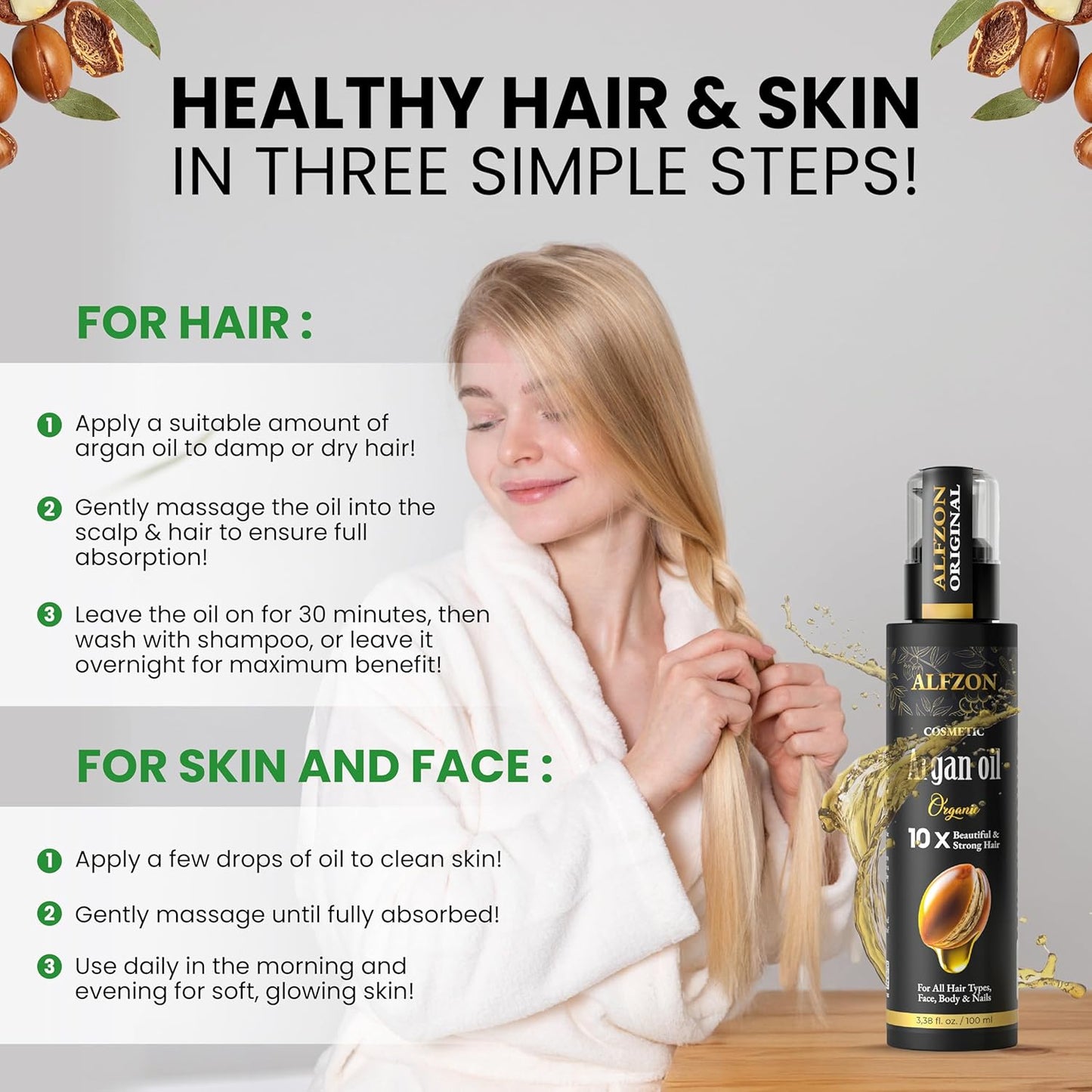 𝓐𝓛𝓕𝓩𝓞𝓝 Moroccan Argan Oil 100% Pure USDA Organic Hair Treatment, Cold Pressed For Dry, Damaged, Curly & Frizzy Hair, Skin, Face, Body & Beard Natural Anti Aging for Women & Men, Large 3.38 oz