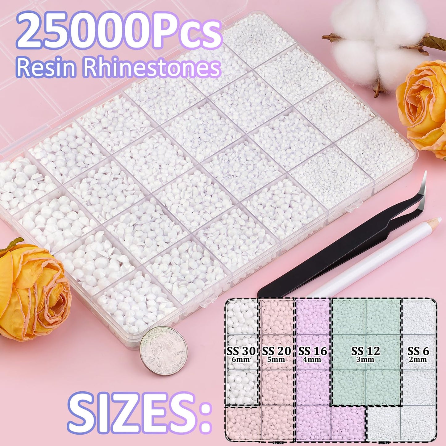 25000Pcs Resin Rhinestones with Tweezers for Crafting, White 2-6mm Mixed Sizes Bedazzling Crystal with 3Pcs 10ml B7000 Jewelry Glue for DIY Crafts Clothing Tumblers Shoes Fabric Nail Art