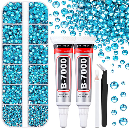 6100Pcs Resin Rhinestones for Crafting with 2Pcs 10ml B7000 Jewelry Glue, 1 Box Flatback Crystals Diamond (Indicolite) for Bedazzling Crafts DIY Nail Art Non Hotfix Gems for Clothing Shoes
