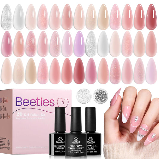 Beetles Nude Pink Gel Nail Polish Set - 25PCS 20 Colors Neutral Jelly Pink Sheer Milky White Gel Nail Kit Soak Off UV with Base Glossy Matte Top Coat Pearls Rhinestones Nail Charms Gift for Women