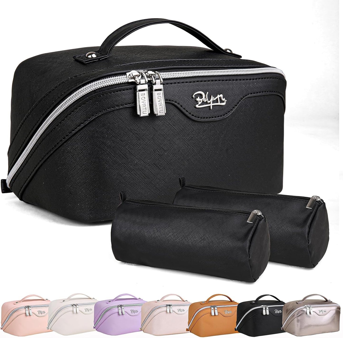 BOYATU Travel Makeup Bags for Women: Vegan Leather Cosmetic Bag Set of 3 - Large Capacity Make up Bag with Divider - Wide Open Waterproof Toiletry Organizer Bag with Handle (05-Black)