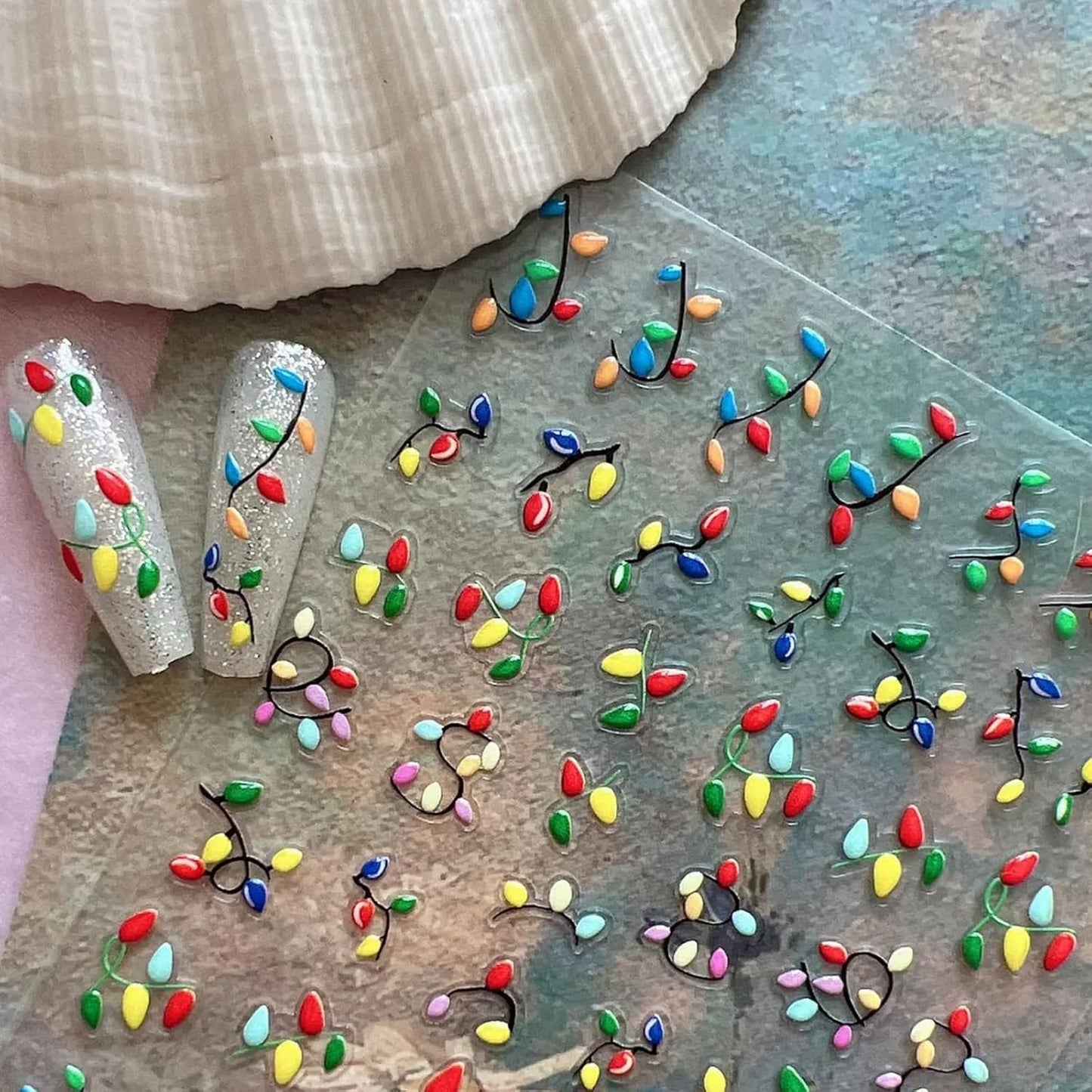 2Pcs Christmas Nail Art Stickers Decals 5D Embossed Christmas Nail Decals Colorful Light String Nail Stickers Xmas Lanterns Nail Supplies New Year Winter Nails Supplies for Women Manicure Tip Decor