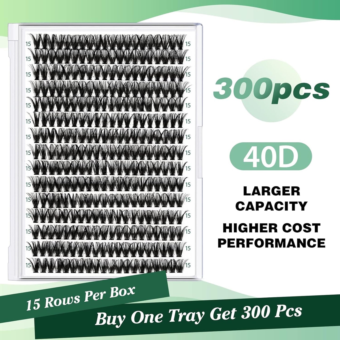 Lash Clusters 300pcs Individual Lashes 40D 0.07C Curl 15mm DIY Eyelash Extension KEYYOU Large Tray Volume Soft&Natural Cluster Lashes(40D-0.07C,15）