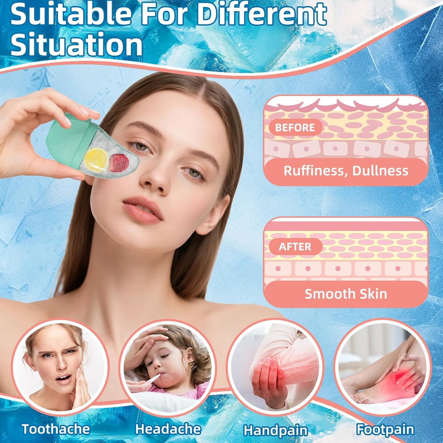 Silicone Facial Ice Cube Roller Massager, Facial Beauty Care Tool, Reusable Face Ice Mold - Brighten Skin, Reduce Puffiness for Face & Eyes (Green)