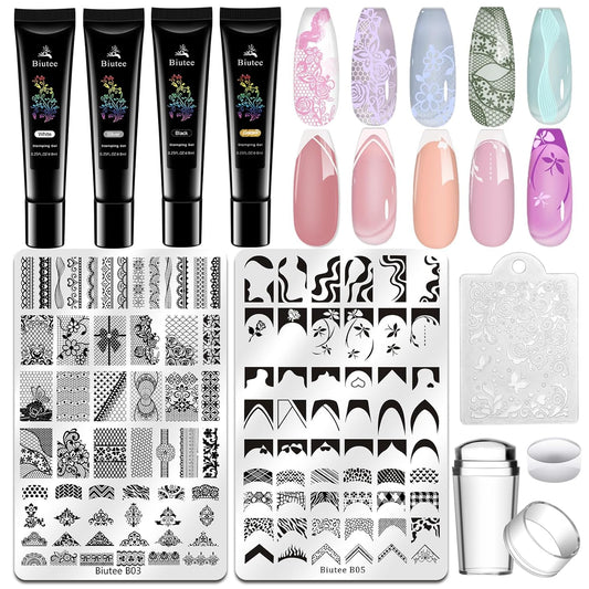 Biutee Nail Stamper Kit Nail Art Stamping Plate Set 4 PCS Stamping Nail Polish Gel 2PCS Large Stamp Plate 110 Patterns Jelly Silicone Stamper Scraper Stamp Template Kit French Line Lace Flower Design