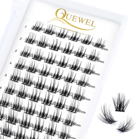QUEWEL Cluster Lashes 72 Pcs Wide Stem Individual Lashes C/D Curl 8-16mm Length DIY Eyelash Extension False Eyelashes Fluffy02 Styles Soft for Personal Makeup Use at Home (Fluffy02-C-MIX8-16)