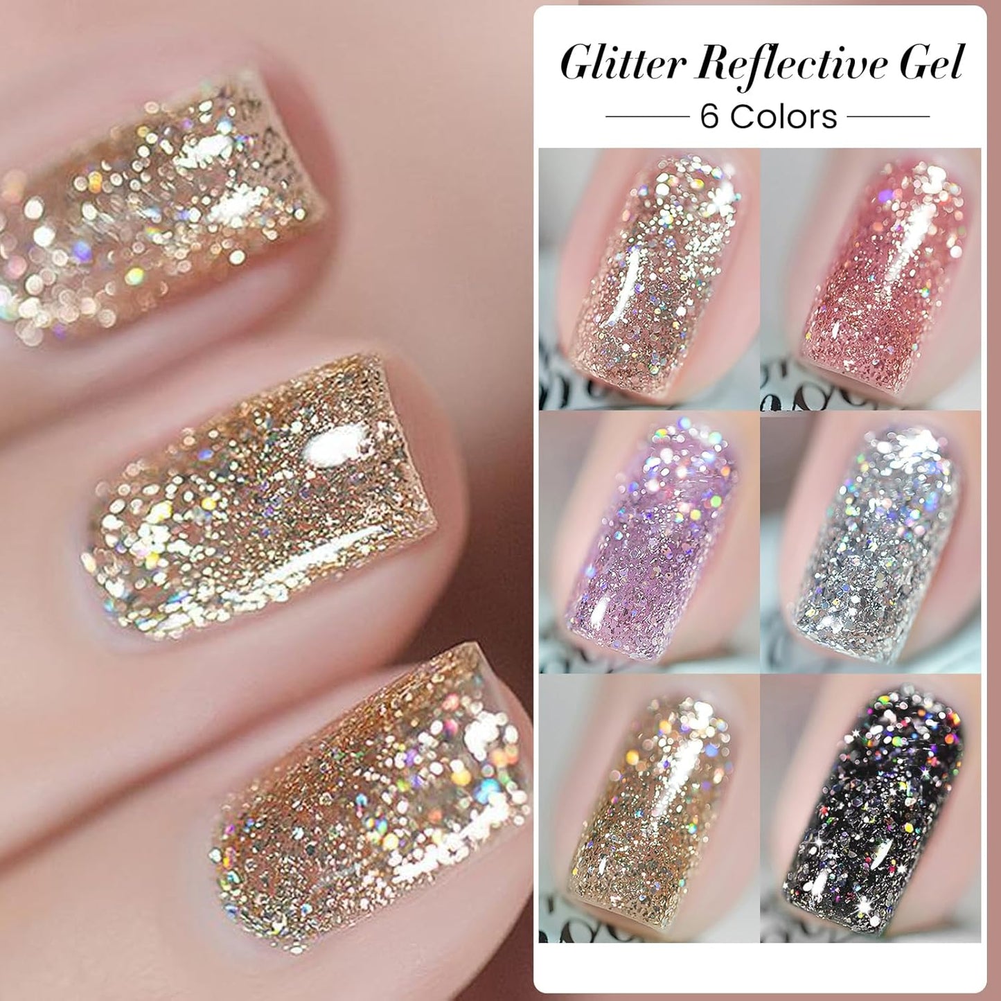 Born Pretty Glitter Gel Nail Polish, 6 Colors, Sparkle, Shiny, Disco Shine, UV Gel Nail Art Varnish, Manicure, DIY