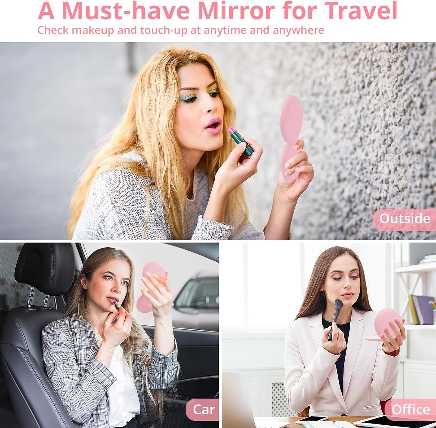 Fabuday Travel Compact Magnifying Makeup Mirror with Lights - Large 4.8'' Wide Led Lighted Portable Mirror with 1x/20x Magnification, Rechargeable Small Foldable 3 Color Lighting Mirrors, Pink