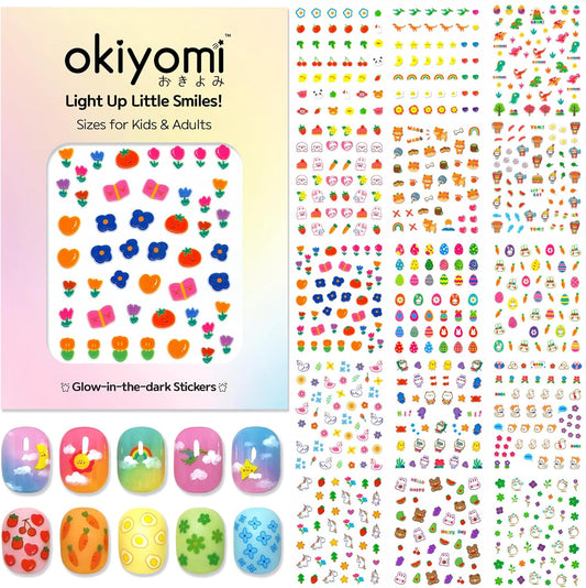 15 Sheets of Nail Stickers for Kids - 735 Cute Nail Stickers - Nail Decals for Girls - Flower, Bunny, Unicorn, Bear, Fruits | Glow in The Dark