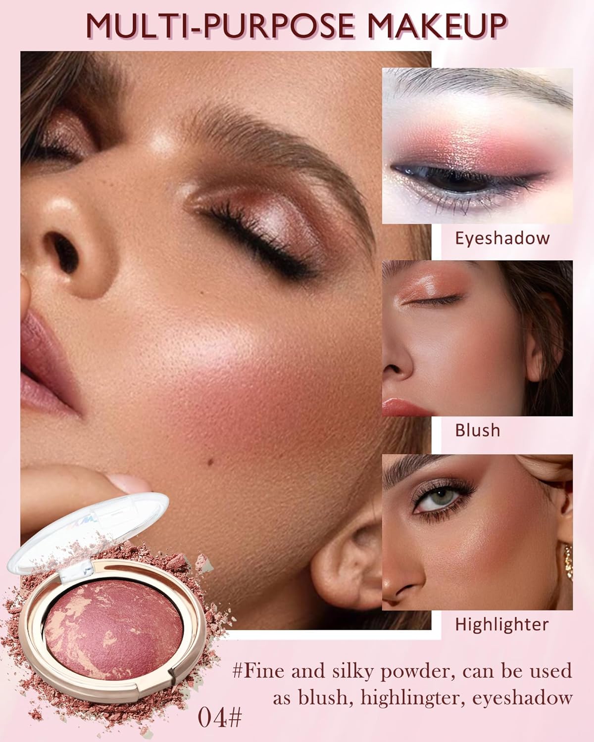 Baked Powder Blush, Glow Marbleized Blusher Powder Palette,Lightweight Shimmery Cruelty-Free face Blush for Cheeks,Eyeshadow & Highlight,Makeup Gift for Women rubores de maquillaje(0.49Ounce)-04