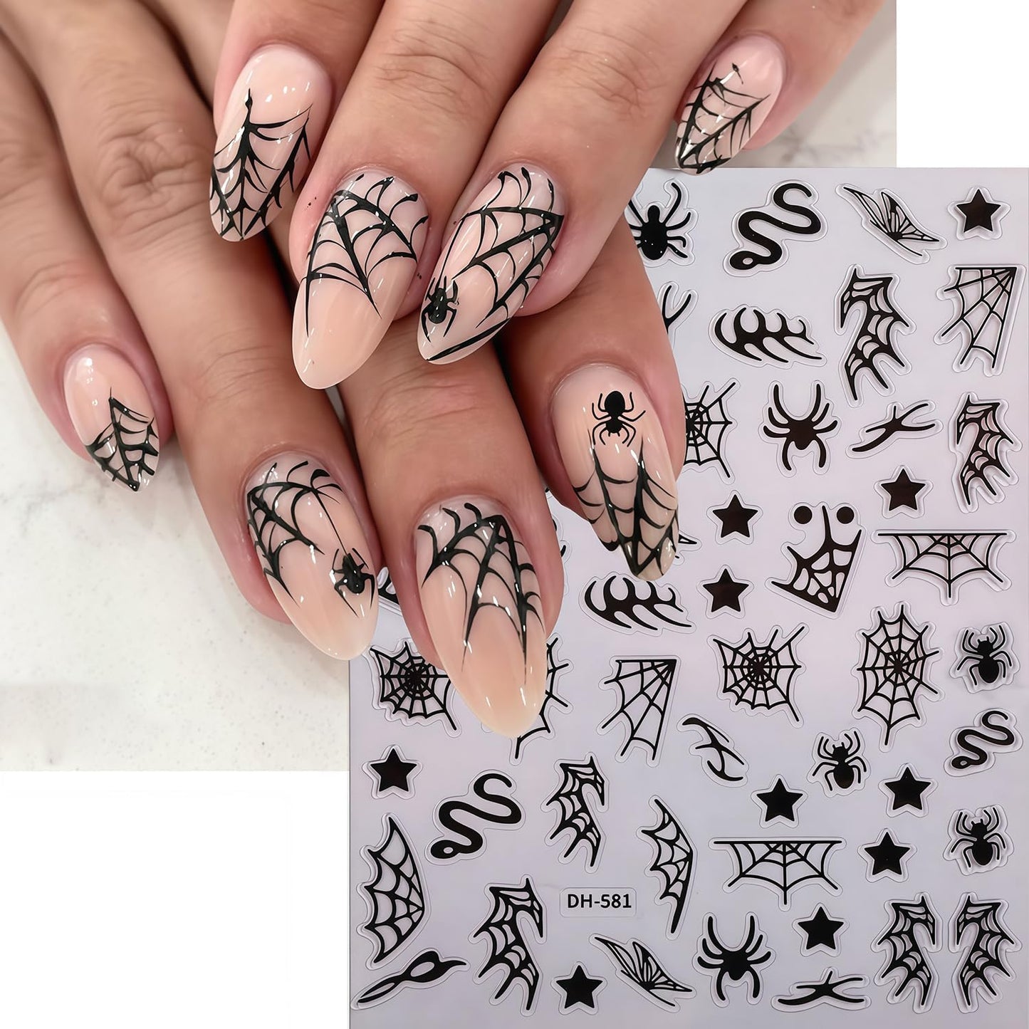 8 Sheets Halloween Nail Art Stickers Spider Web Nail Decals 3D Self-Adhesive Black Silver White Gold Snake Spiders Spider Web Nail Stickers Design Holiday Sticker for DIY Nails Decoration Accessories