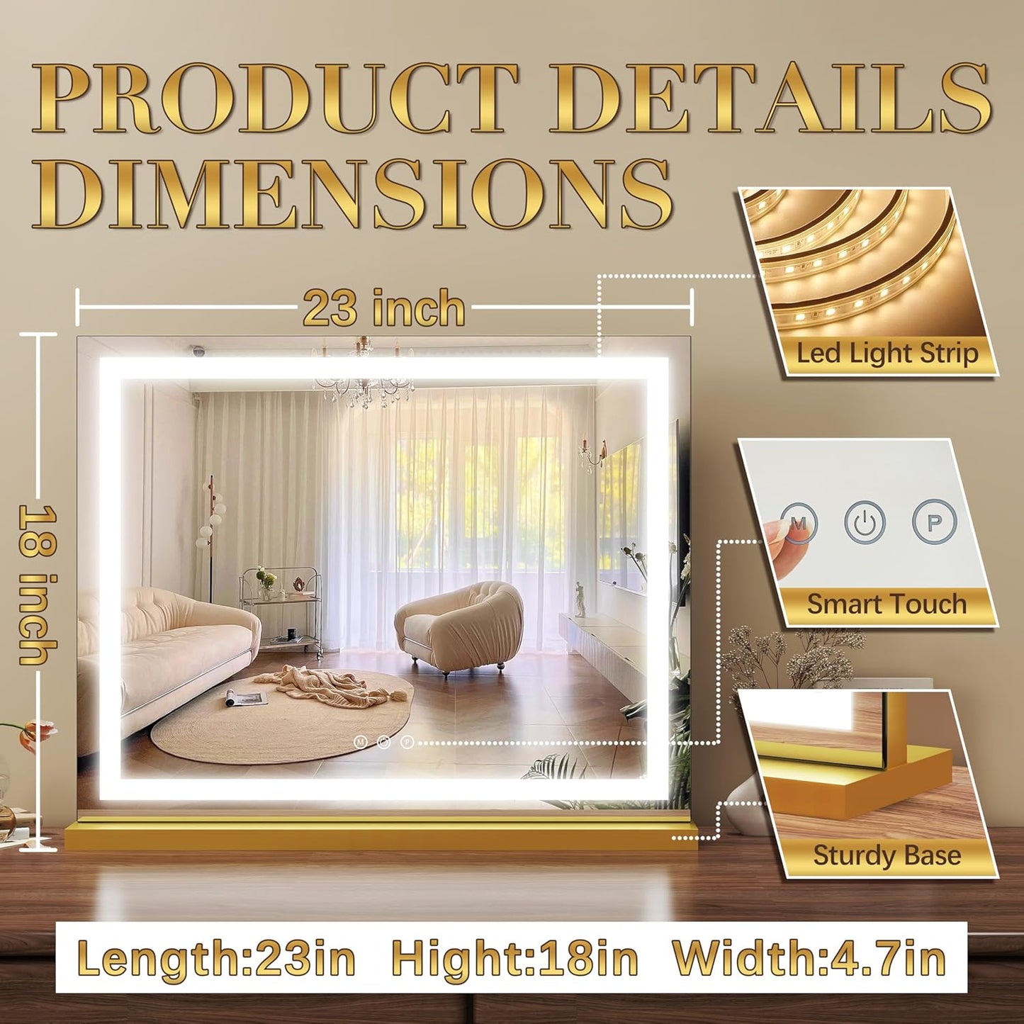 Gold Vanity Mirror with Lights 23x18 Inch, 3-Color Dimmable LED & Touch Control - Large Makeup Mirror for Dressing Room (Wall/Tabletop Mount)