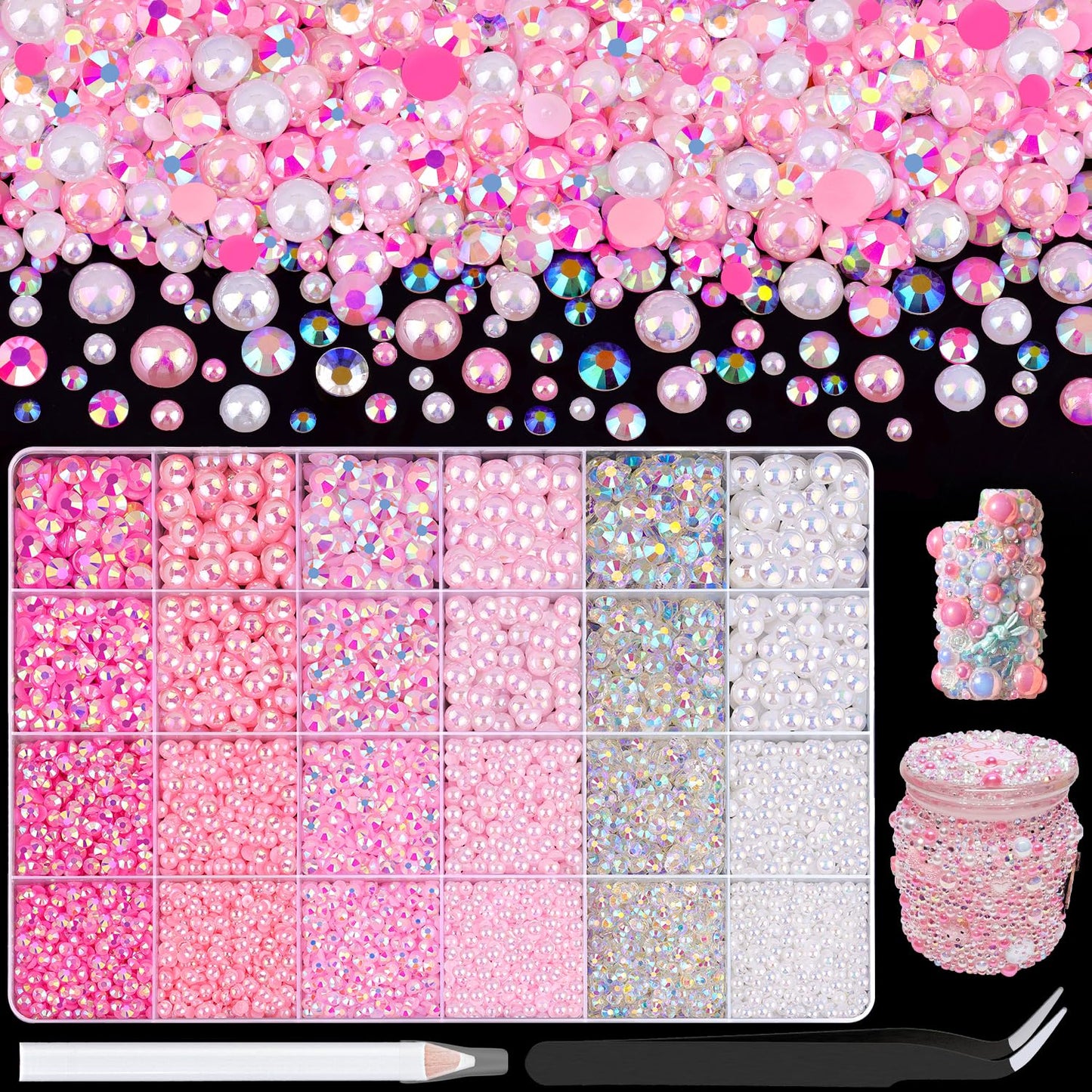 9000Pcs Flatback Pearls and Rhinestones for Crafting, Pink White Mixed Size 3-8mm Resin Rhinestones and Half Pearls for Bedazzling, Nail Art with Tweezers and Pickup Pencil