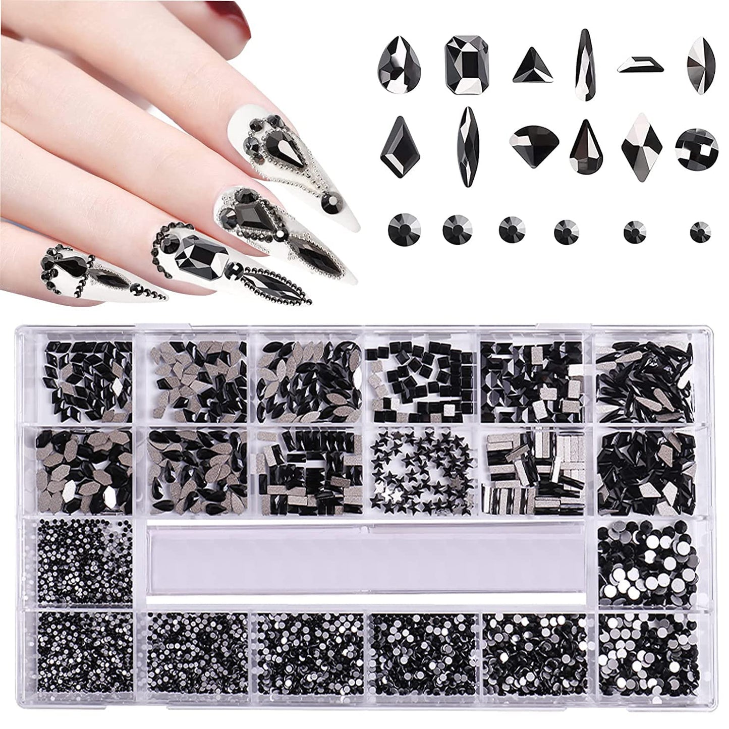 3100Pcs Flat Back Rhinestones for Nails, HOINCO Black Rhinestones for Nails, Mix 20 Styles Flatback Rhinestone/Gems, 600 Diamonds + 2500 Round Rhinestones Beads for Nail Crafts with Tweezers Pen