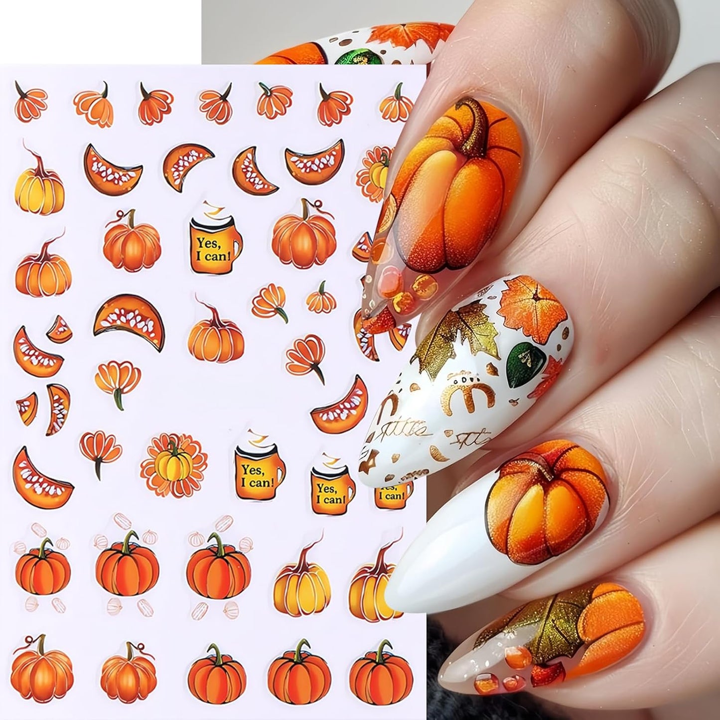5Sheets Fall Nail Stickers Autumn Maple Leaf Nail Art Stickers 3D Self Adhesive Maple Leaves Nails Decals for Nails Art Thanksgiving Day Nail Decoration Pumpkin Nut Cute Manicure Supplies for Women