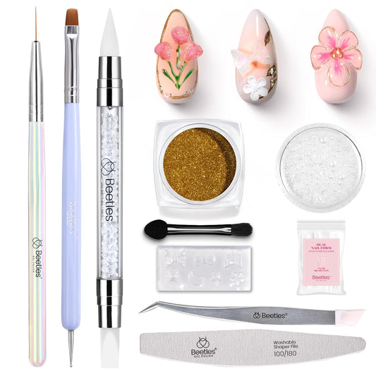 Beetles 3D Nail Art Brushes, Dual-ended Silicone Manicure Tool, Gold Chrome Nail Powder, 15mm Liner Brush, Dotting Tool with Flowers Bowknot Mold, Pearls, for 3D Manicure Design Carving Drawing Effect